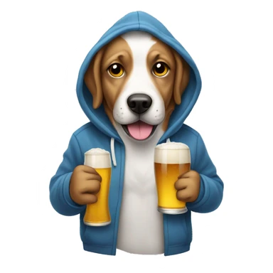 Dog wearing a hoddie with a beer sticker