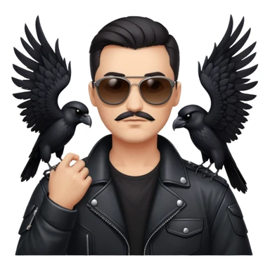 Biker with wings wearing sunglasses holding a raven sticker