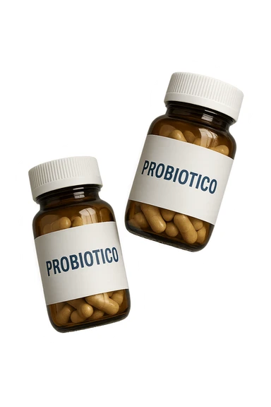 due boccette di integratori con la scritta "PROBIOTICO" SULL'ETICHETTA, FLUTTUANO IN ARIA, realistica 4k sticker