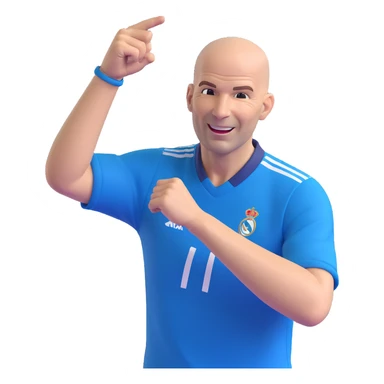 Zinedine Zidane, 3D emoji style, bald, blue football shirt, celebrating, cheerful face sticker