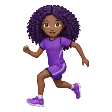Uma boneca morena escura com olhos castanhos e cabelo cacheado longo preto até o peito, treinando correndo a roupa top roxo com detalhes preto e short roxo com detalhes preto sticker
