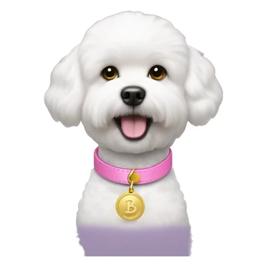 bichon dog wearing a pink collar with a gold coin shaped tag hanging from the collar sticker