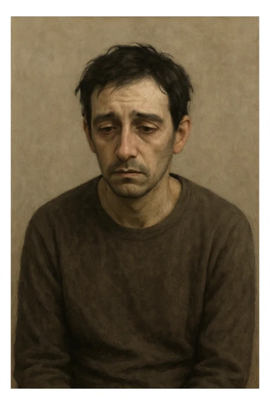 a sad person with slumped posture, tired eyes, subtle frown, neutral background sticker