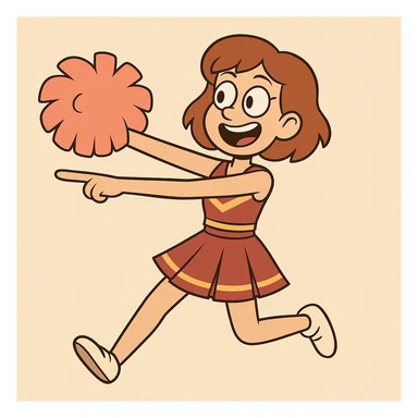 Change the pose so both of the cheerleader's arms are pointing to the left, keeping the same flat toon style and cheerful expression. sticker