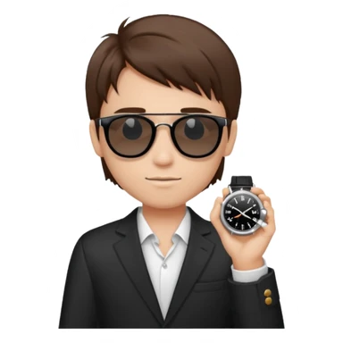 Un niño con pelo lacio color castaño,con lentes de sol negros y un reloj en la mano sticker