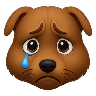 Create an emoji style image of a dog with an even sadder look, furrowed eyebrows, large round eyes with a tear, and a very sad expression. The background should be transparent. The style should resemble apple style emojis with concise details. sticker