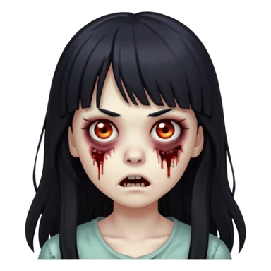 zombie girl with long black hair, bangs, and scary expression sticker