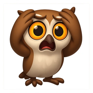 В стилистике эмоджи сгенерируй сову, она в панике хватается крыльями за голову, прозрачный фон sticker