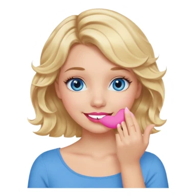 Girl Blonde short wavy hair,  blue eyes, cute blue top, long lashes, pink lips, smiling, hand covering the mouth sticker