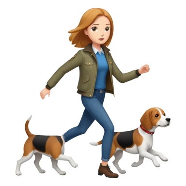 A beautiful tall girl with fair skin wearing a jacket chasing a beagle sticker