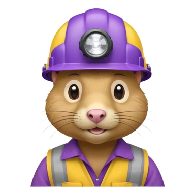 a mole rat, purple helmet, headlamp, yellow worker cloth sticker