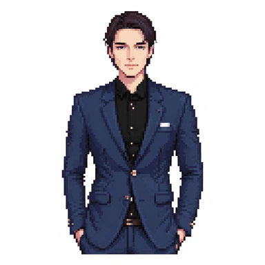 Flat pixel art, focused and reserved male thinker, fair skin, short sleek dark hair, intense sharp eyes, wearing a deep indigo suit jacket over a black shirt, left hand thoughtfully touching chin, waist-up, front-facing sticker