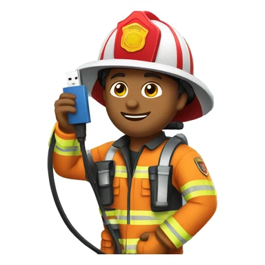 Firefighter holding a usb cable sticker
