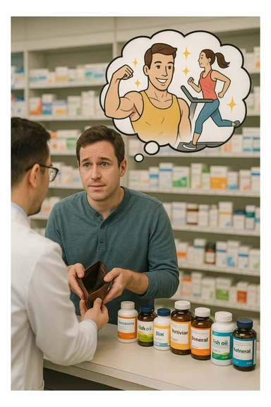 a man stands at a pharmacy counter, handing over a nearly empty wallet to the cashier while the counter is filled with bottles of supplements and vitamins. His expression is hopeful but slightly anxious. In the background, a thought bubble shows exaggerated images of instant health and fitness, symbolizing unrealistic expectations.  in italiano super realistica sticker