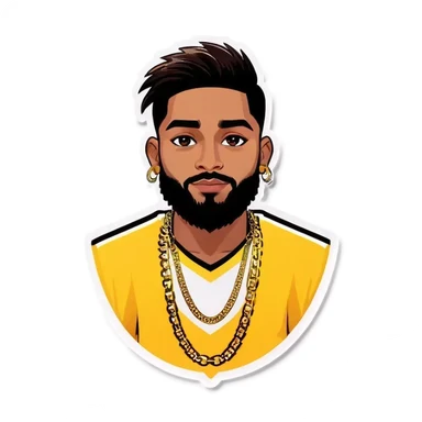 indian boy, with low taper fade and fluffy hair striahgt, , and a started beard, wearing gold chains, with earing.\ sticker