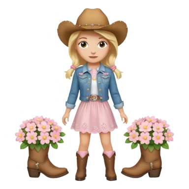 Blonde cowgirl with a cute whit dress with soft pink flowers, with a jean jacket and cowgirl boots sticker