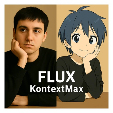 same similar image but chnage the text to "Flux Kontext Max", change people and pose too sticker
