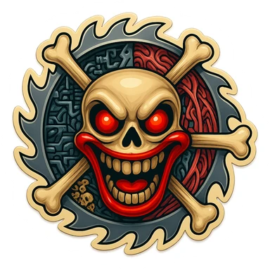 Transform the skull in the sawblade and crossbones image to have the same evil clown skull features as the reference: exaggerated red eyes, wide sinister grin, clown-like red mouth, and menacing expression. Keep all other elements (sawblade, crossbones, mechanical and organic details) inside the image borders, in retro sticker style, bold outlines, vibrant colors. sticker