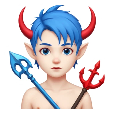 Blue-haired devil with trident, cute face, half body sticker