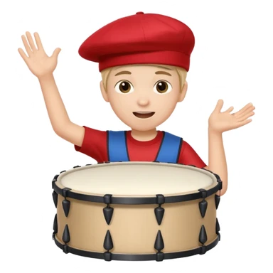 A young boy with a cap, wearing team colors, banging a small drum excitedly. sticker