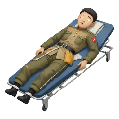 a man of oriental appearance, dressed in torn clothes, full length, with closed eyes, head lying on a stretcher, in a prone position, with injuries on a black military stretcher, 1980 sticker