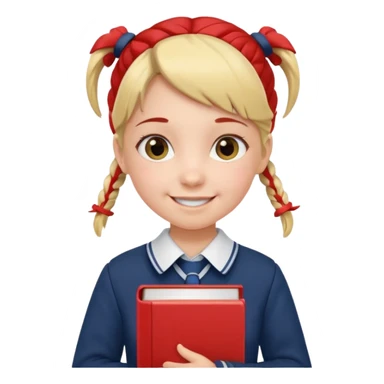 girl with pigtails in a school uniform, holding a book sticker