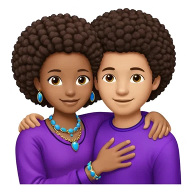 Tan male with short brown hair, smiling and hugging, black African girl with Afro in purple clothes with blue jewelry sticker