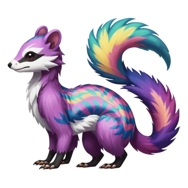 Colorful diaphanous Trico-Wickerbeast-Sergal-Skunk-Ferret-Furret-Marsupial-Vernid-fusion-Fakemon-animal-hybrid-creature, full body sticker