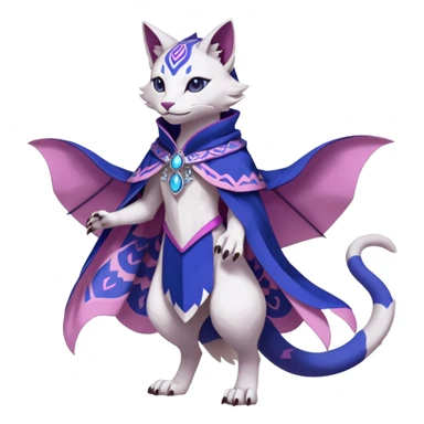 Kawaii white, indigo, purple, pink cute beautiful pretty elegant divine edgy feline-vernid-sergal-Fakémon-Pokémon-Digimon-fursona-animal-creature, full body, with intricate detailed markings, Embroidered capelet, silken shawl sticker