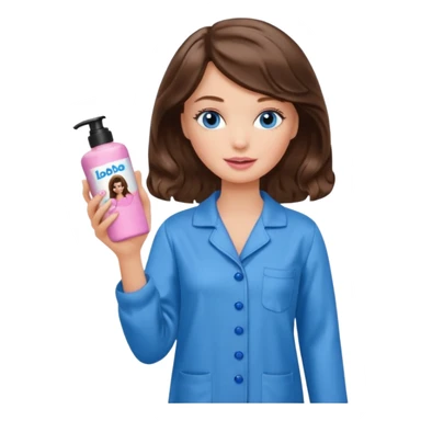 Barbie girl with makeup, blue eyes , and bob long haircut wavy, short brown hair in brown pajamas, face cream in hand sticker