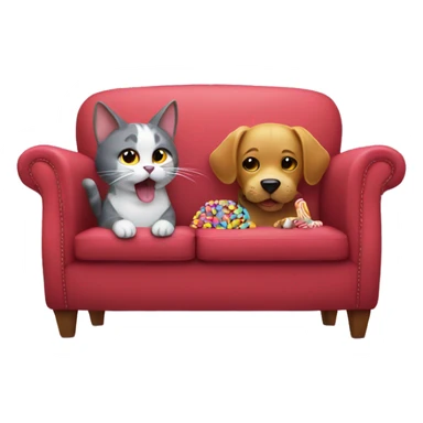 Cat and dog eating candy on a couch sticker