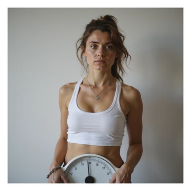 adult woman, photorealistic, diet plateau, standing on scale with disappointed expression, weight chart steady in hand, natural light, bathroom background sticker