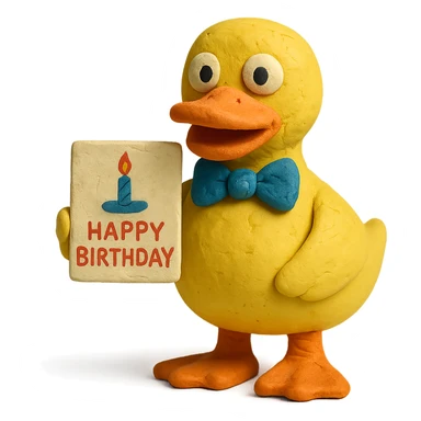 duck with bowtie holding birthday card, claymation style sticker