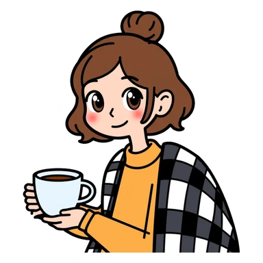 A 16-year-old girl with brown eyes and brown hair, with a black and white checkered blanket on her back, holding a white cup of tea in her hand sticker