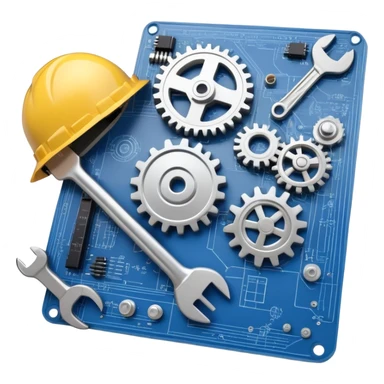 An icon featuring a gear, a wrench, and a blueprint, symbolizing engineering. The design includes a hard hat, a circuit board, and a ruler, representing problem-solving, design, and technological innovation across various engineering fields. Transparent background sticker