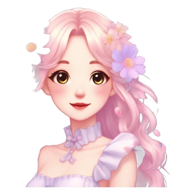 Gorgeous pastel anime style lady with blushing face with flower petals around  cottagecore fairycore pastelcore shiny colorful pearly petite simplistic aesthetic trending style sticker