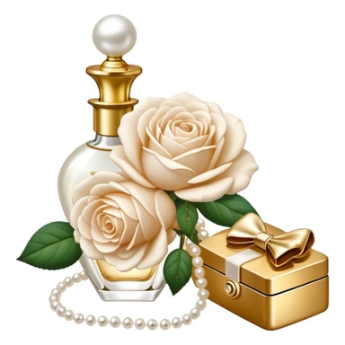 white English rose Benjamin Britten ( flower ) and pearl bow and vintage gold perfume bottle  sticker