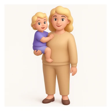 A happy mother with a child in beige clothes in different poses, 3D emoji style sticker