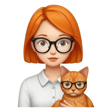 A girl with black framed glasses holding a brown puppy and an orange cat sticker