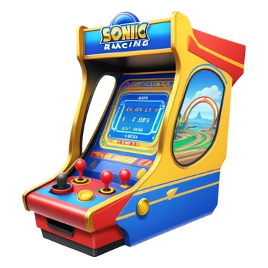 An icon representing an arcade game interface, inspired by Sonic. The design features colorful platforms, loops, and rings, with Sonic racing through a vibrant landscape. The iconic HUD elements, like score and timer, are visible. A transparent background. sticker