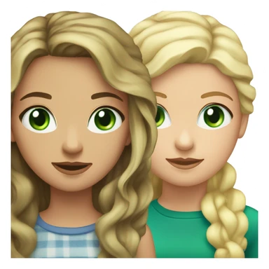 Brunette girl whit wavy hair and green eyes standing besides a flat haired blonde girl whit blue eyes sticker