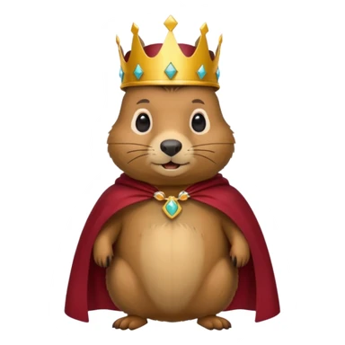 Groundhog wearing crown with a maroon cape with KPM in gold on the cape sticker