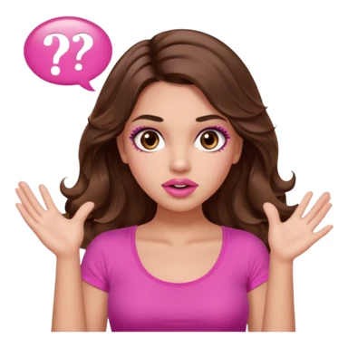 girl with long wavy brown hair, brown eyes, long lashes makeup, sexy pink lips, light to medium complexion, pink sexy top, two hands up, shrugging, confused questions mark bubble sign sticker