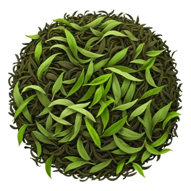 pile of loose tea leaves, scattered or clustered, curled and twisted, dark brown, black, green, olive, dry and crinkled, fine texture, clean style sticker