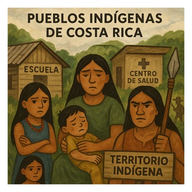 composition illustrating the issues faced by Costa Rican indigenous peoples: absence of schools, lack of medical centers, and struggle to protect their territories sticker