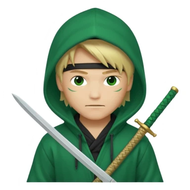 Green ninja Lloyd garmadon blonde hair, kaptur hoody on his head but blonde grzywka visible; the bottom left one is best (the one without miecze + black band + no mask of face) but add miecz; I want no band on head ; I don’t want any band on forehead sticker