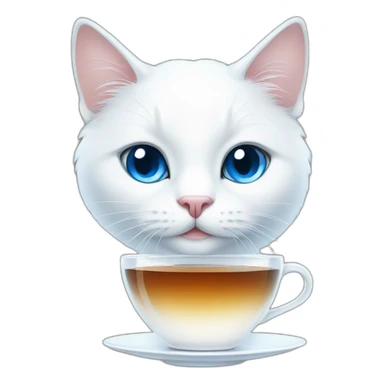 a white cat with blue eyes drinks tea sticker