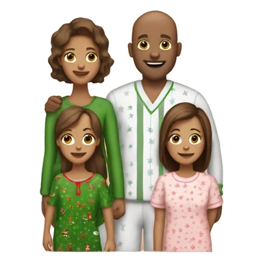Family of four mom, dad, two daughters all with brown hair and brown eyes dad is bald all in Christmas pjs sticker