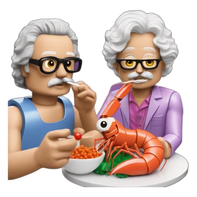 Des Lynam eating prawns with LEGO Lily Savage sticker