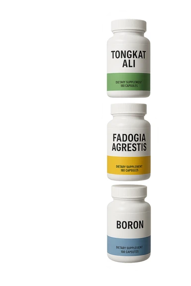 4 boccette di integratore: Tongkat Ali, Fadogia Agrestis, Boron e Zinco fluttuano in aria verticalmente sticker